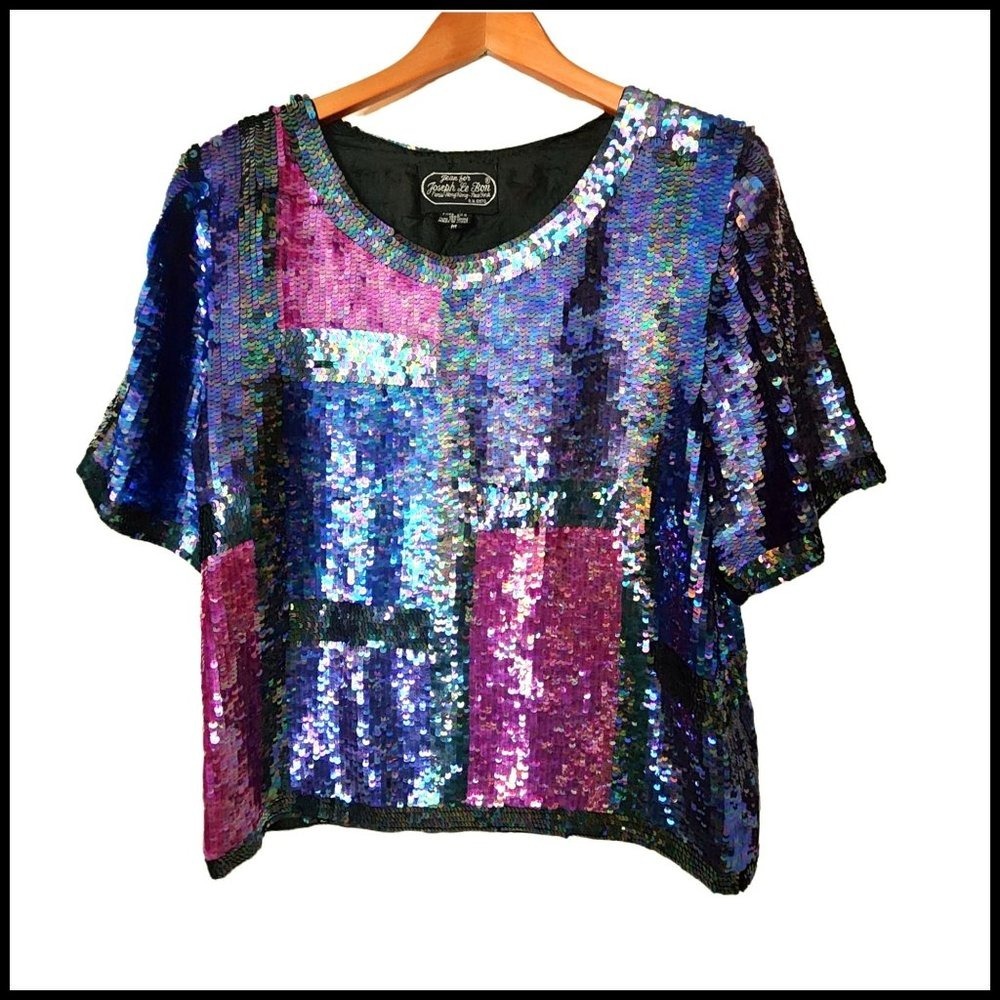 Vintage‎ 80s Jean for Joseph Le Bon Silk Colorblock Beaded Sequined Blouse M